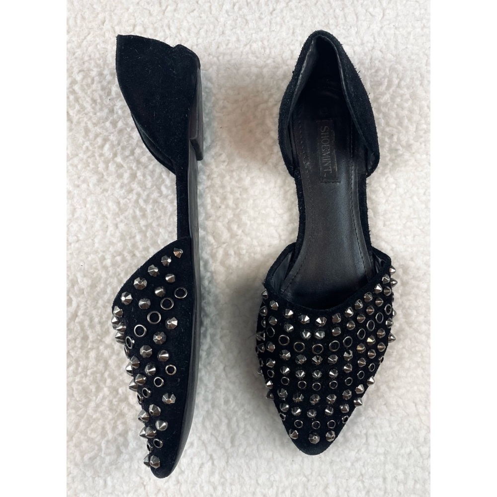 SHOEMINT • Cameron Black Suede Studded Pointed-Toe Flats, 7 - Picture 4 of 16